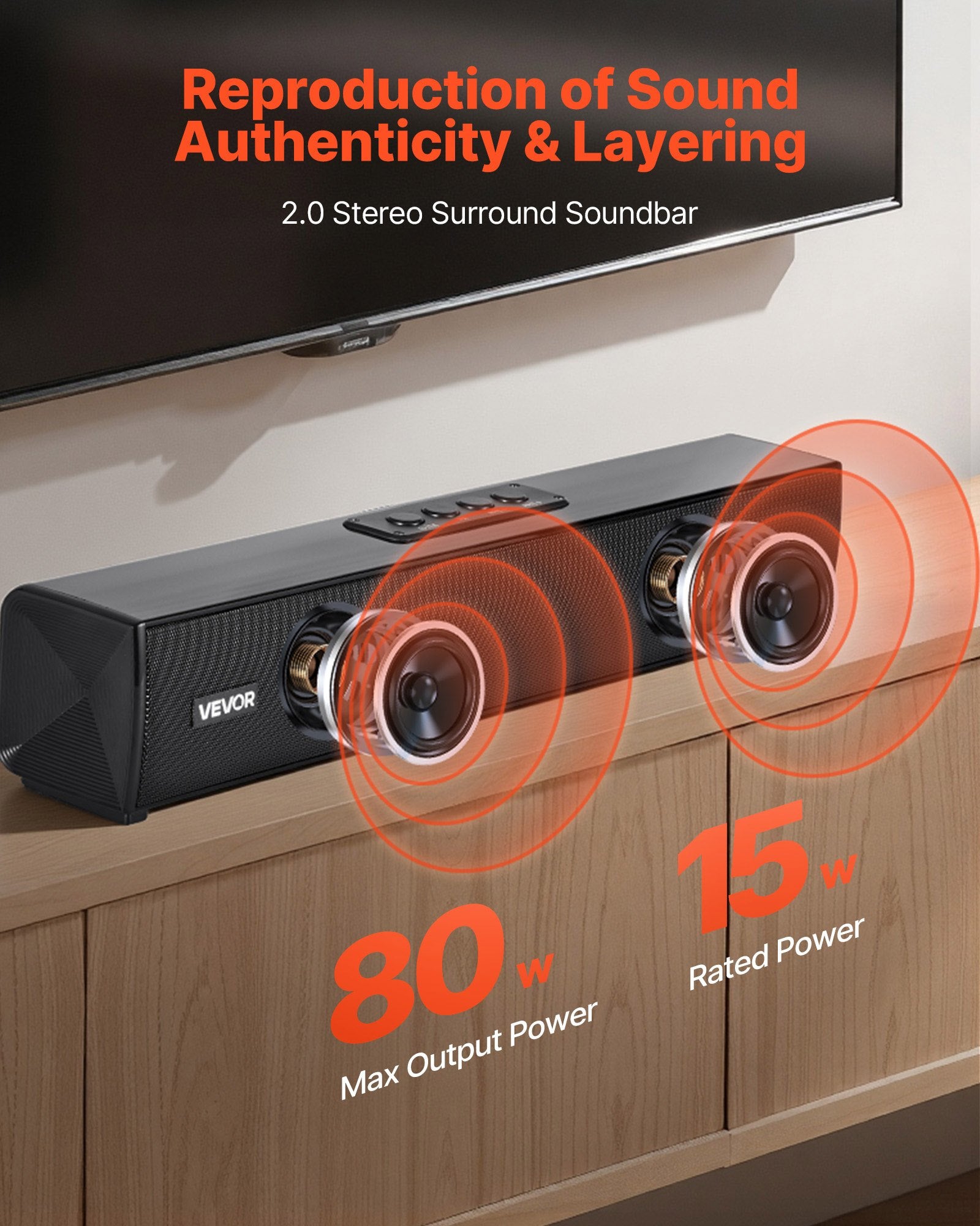 Bluetooth Soundbar for Smart TV – 2.0 Channel TV Speaker 80W