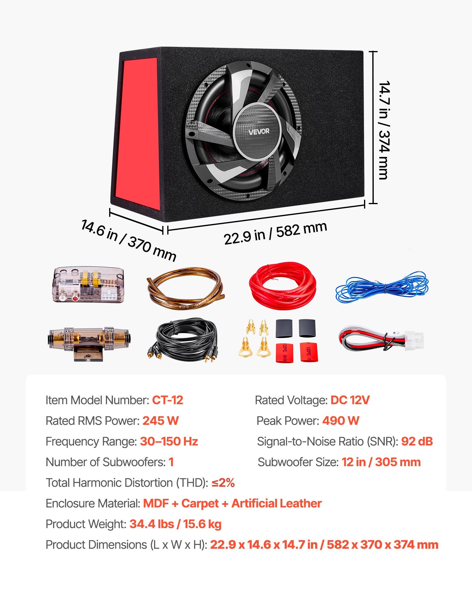 Subwoofer Bass Package, 305mm, 245W RMS, Complete Car Audio Subwoofer